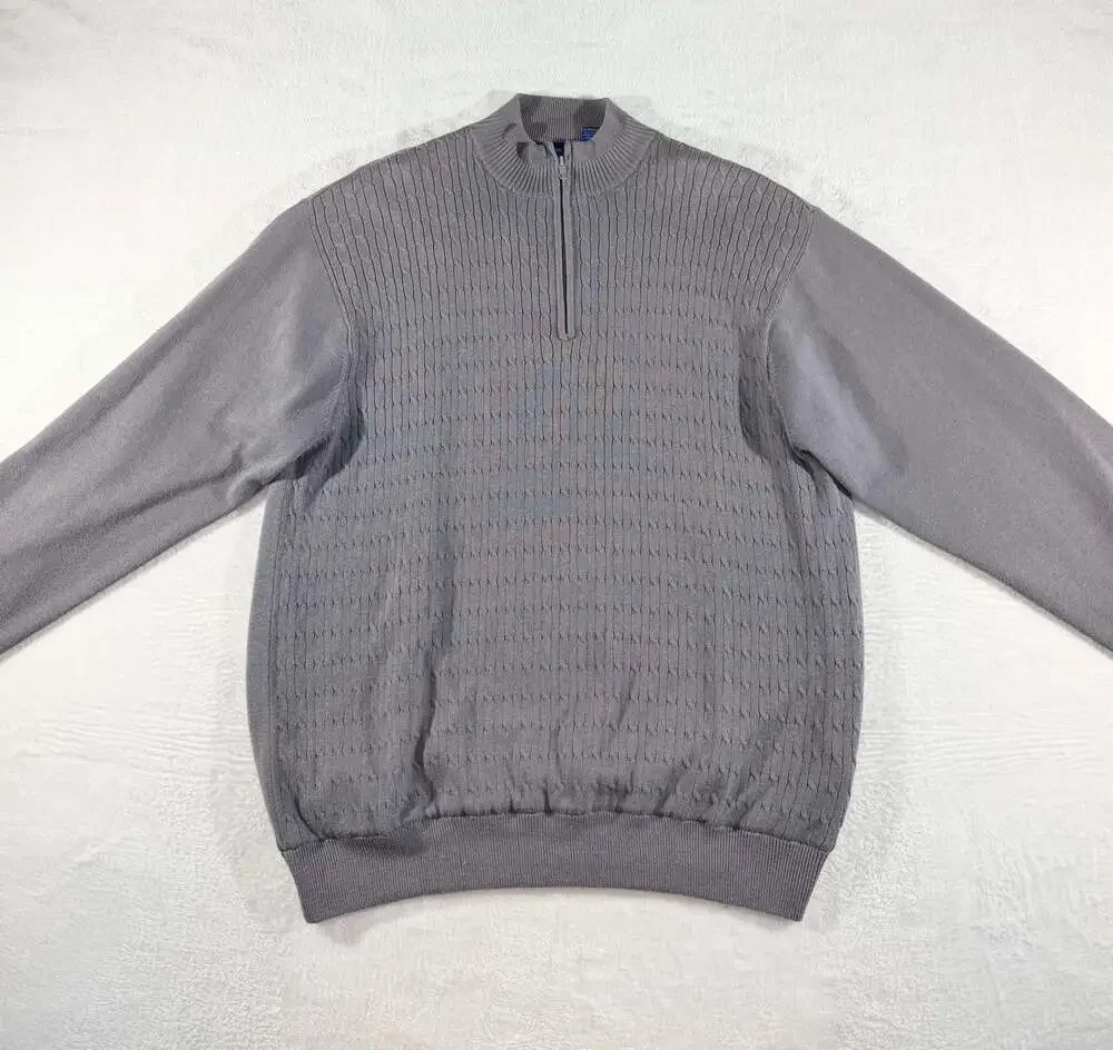Scottish Wind Men's Vintage 90’s Grey Quarter Zip Cable Knit Sweater, L